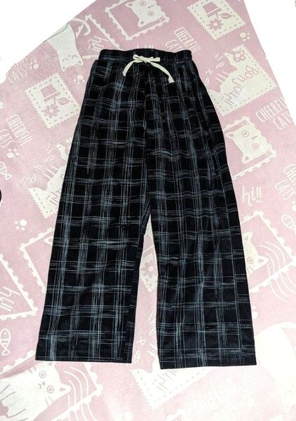 ワイドパンツ 秋冬 チェック柄 ブラック ウエストゴム
