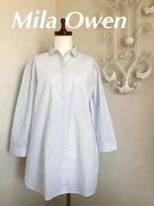 送料無料 ミラオーウェン MilaOwen 綺麗目 ベーシックシャツ ブラウス 白×ブルー ストライプ柄 ボリュームシルエット＆七分袖で抜け感演出