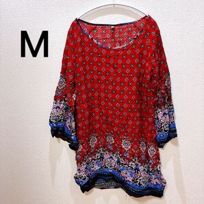 HOTOUCH M チュニック 赤色パターン 柄シャツ チュニック ワンピース トップス シャツ 総柄 柄シャツ M