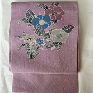 薄紫色 牡丹・桔梗柄ちりめん型染め名古屋帯★リメイクにも