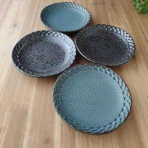 市松小皿・4枚 青&黒 美濃焼〈新品・未使用〉