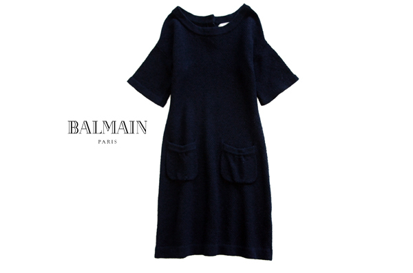 【美品】Balmanバルマン19万★ダークブルー ウールニット ラウンドネック ドルマンスリーブ 着丈約90㎝ワンピース★M-L