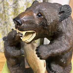 木彫り 熊 クマ 置物 千山作 北海道 民芸品 親子 特大43cm