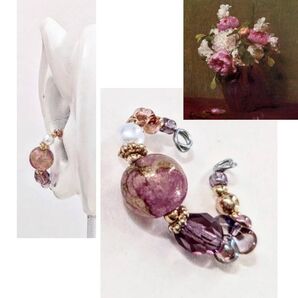 水曜10%OFF◎総額330円より ハンドメイド□絵画ラトゥール/白いポピーと薔薇イメージ調節可能ステンレスワイヤーイヤーカフ