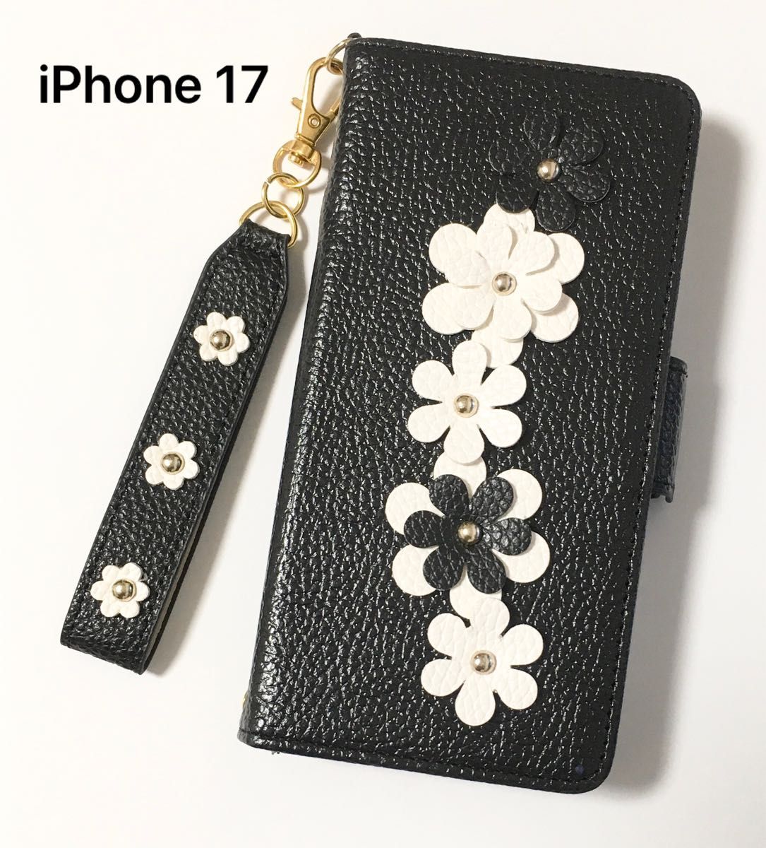 iPhone 17 手帳型 ケース かわいい デイジー ストラップホール付き アイフォン17 黒
