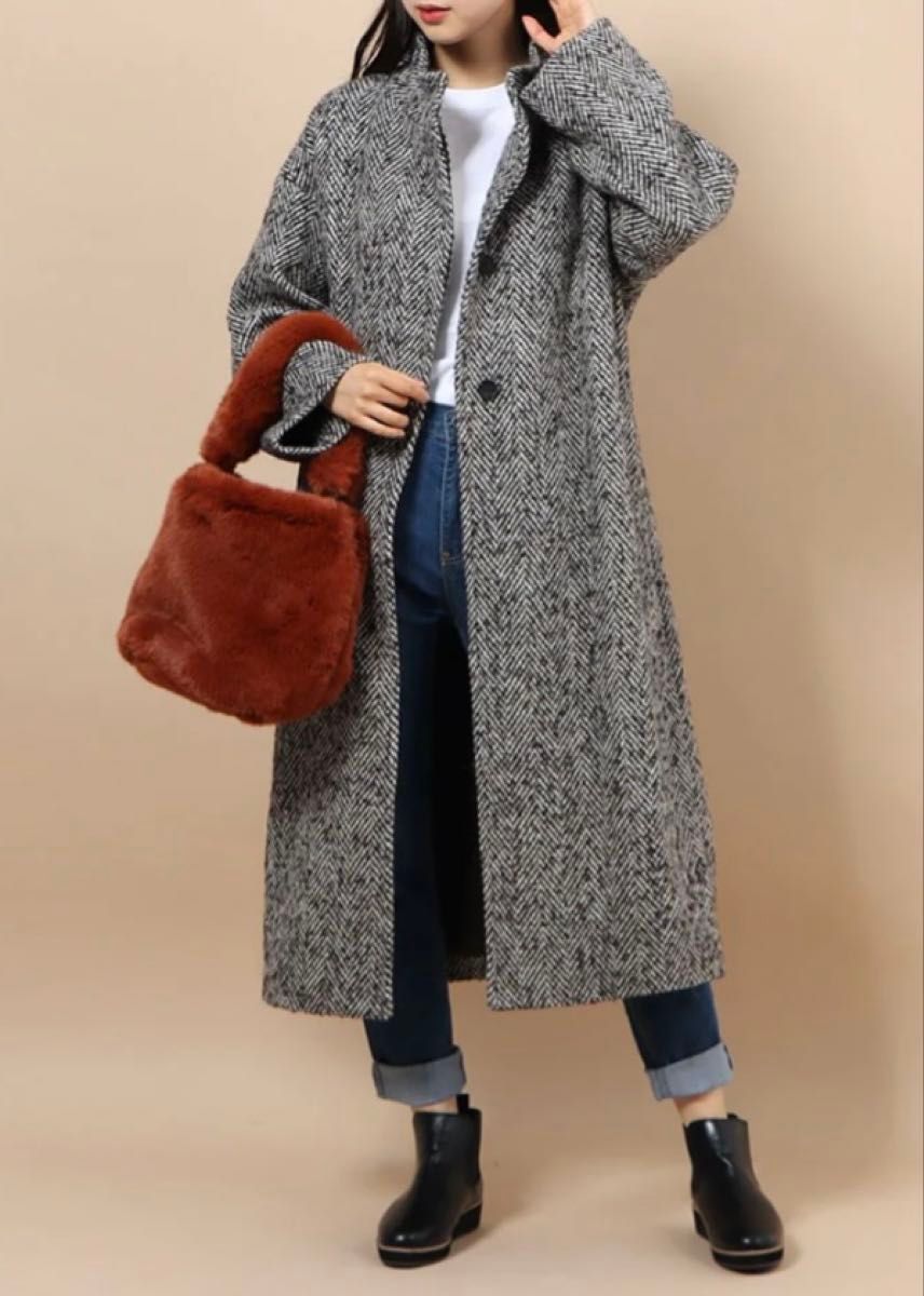 未使用36ナノ ユニバース NANO UNIVERSE スタンドカラーコート ヘリンボーン ウール ロングコート コート シンプル