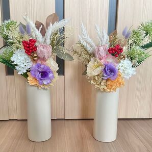 仏花一対 中 花瓶付き アーティシャルフラワー プリザーブドフラワー 供花 お盆 お供え 法事 お彼岸