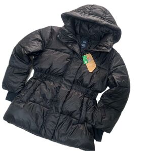 【新品 未使用】タグ付き GAP プリマロフト ビッグ パフ シンチジャケット ダウンコート ダウンジャケット フード ブラック