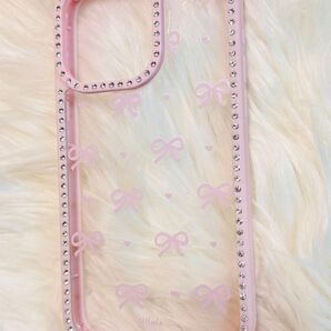 【新品未使用】iPhone15ProMaxケース ピンクリボン ラインストーン ソフトケース