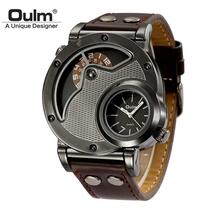 Oulm二タイムゾーンスポーツ腕時計軍事陸軍メンズカジュアルpuレザーストラップアンティークデザイナークォーツ時計男性時計_画像3