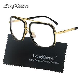 Longkeeperゴールドメタル眼鏡は、男性のブランドフラットトップビッグブラックスクエアフレーム眼鏡光学男性女性ユニセックスgafas