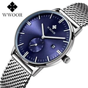 【★★新品★★】レロジオ masculino wwoor 高級ブルーメンズメッシュストラップ防水クォーツ時計男性 relojes hombre 2020