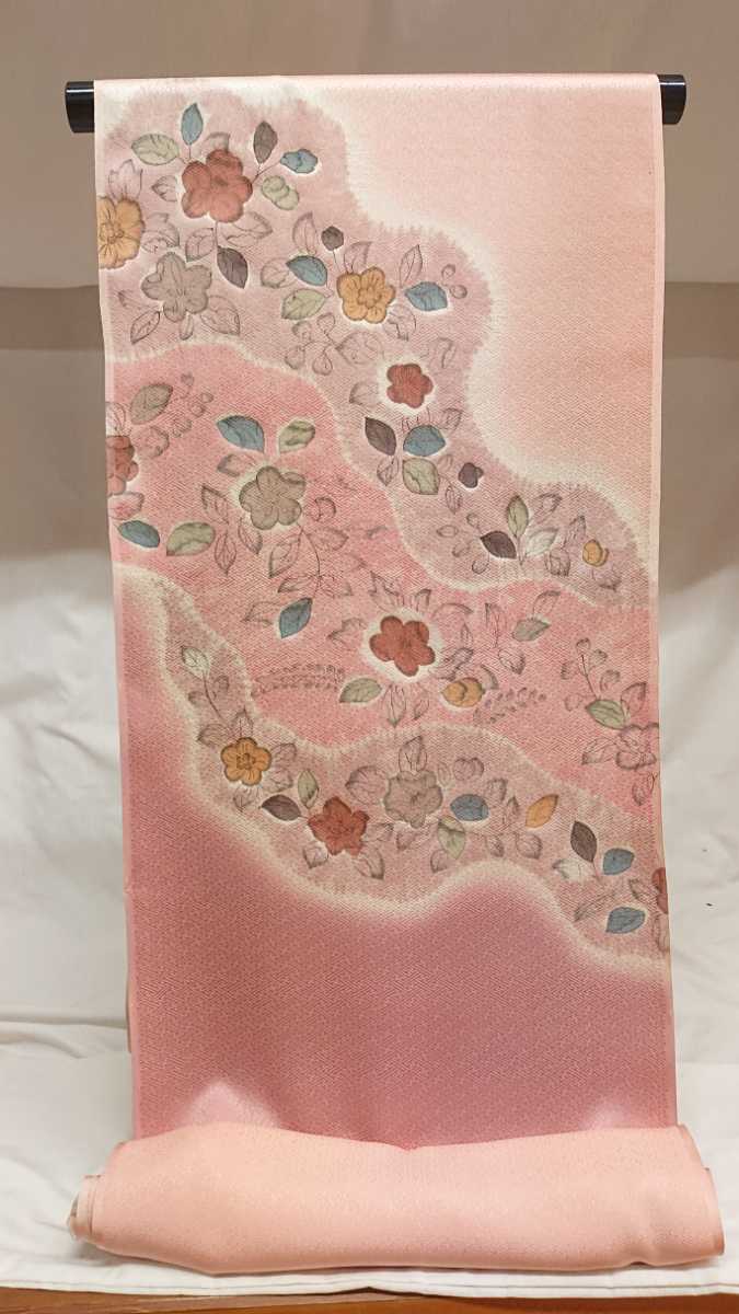 新品 附下げ 手描き 寿光織 着尺 16 オフホワイト系 花草鳳凰文様