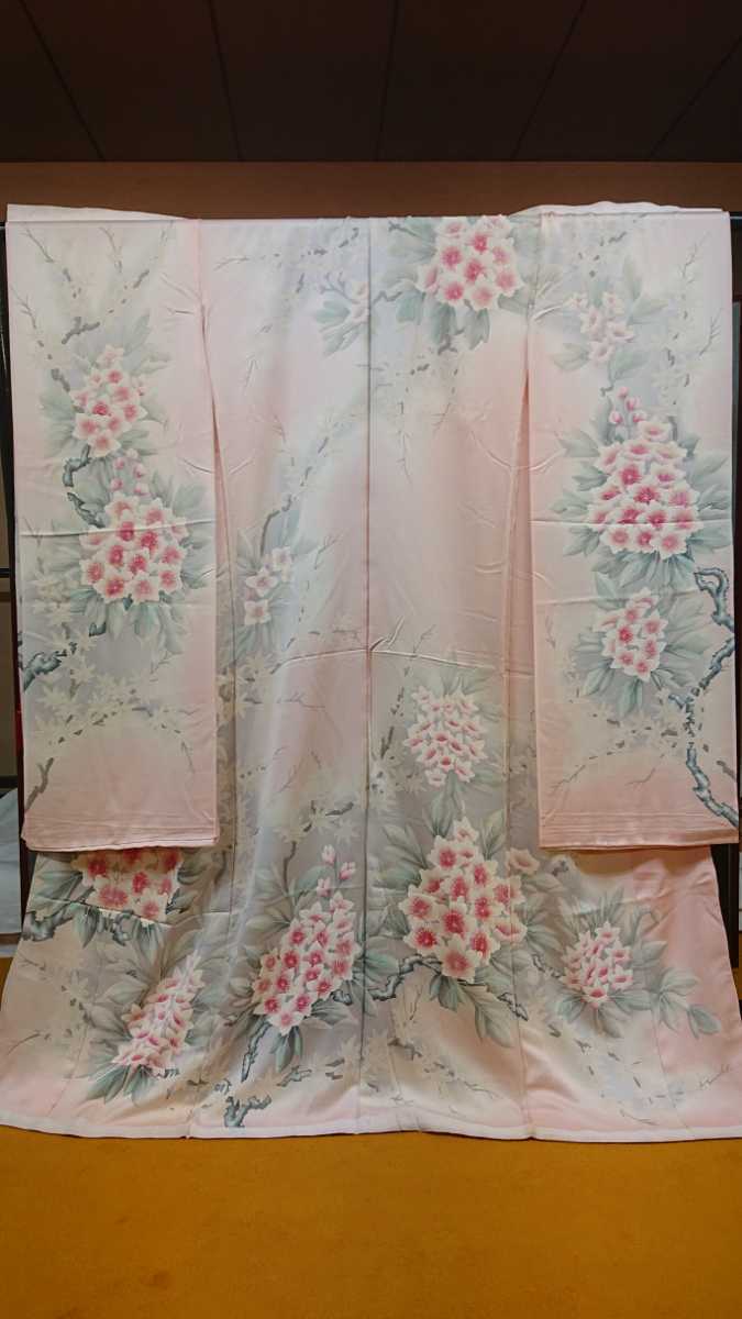 新品 振袖 1 華文様 手描き ちりめん 水色系 京友禅 モダン 未使用 未仕立て レンタル 古布 リメイク のれん 正絹, ファッション, 女性和服, 着物, 振袖