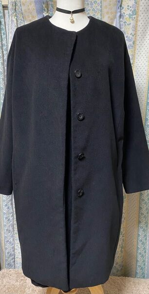 nano universe ナノユニバース☆ノーカラーロングコート☆ブラック☆ フォーマルにも