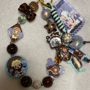 チョコミントカラー スカルパンダのプリントビーズのハンドメイドストラップ じゃらじゃらキーホルダー キーチャーム