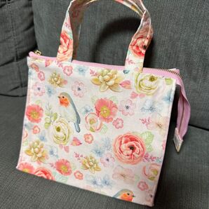 大きく開くファスナーポーチ 鳥 ハンドメイド