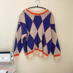 ダイヤモンドパターン ニットセーター プルオーバー バイカラー ブルー オレンジ