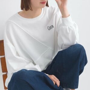 Lupilien ルピリアン リップル×裏毛 スウェット ロゴ刺繍 ななめ切替プルオーバー / アイボリー