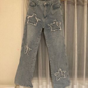 星型 ダメージデニム ジーンズ ストレート カジュアル ストリート