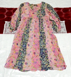 ピンク青エスニック柄長袖ネグリジェチュニックワンピース Pink blue ethnic pattern long sleeve negligee tunic dress, チュニック, 長袖, Mサイズ