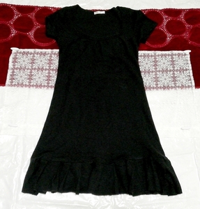 黑色荷叶边短袖睡衣睡袍束腰连衣裙, 外衣, 短袖