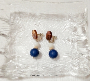 茶白青丸型3段揺れるロングイヤリング/ジュエリー/アクセサリー Brown white blue round 3-stage swaying long earrings jewelry,レディースアクセサリー&イヤリング&その他