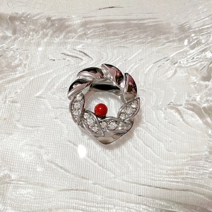 銀シルバー花赤玉ピンブローチ/ジュエリー/アクセサリー Silver flower red ball pin brooch jewelry accessories
