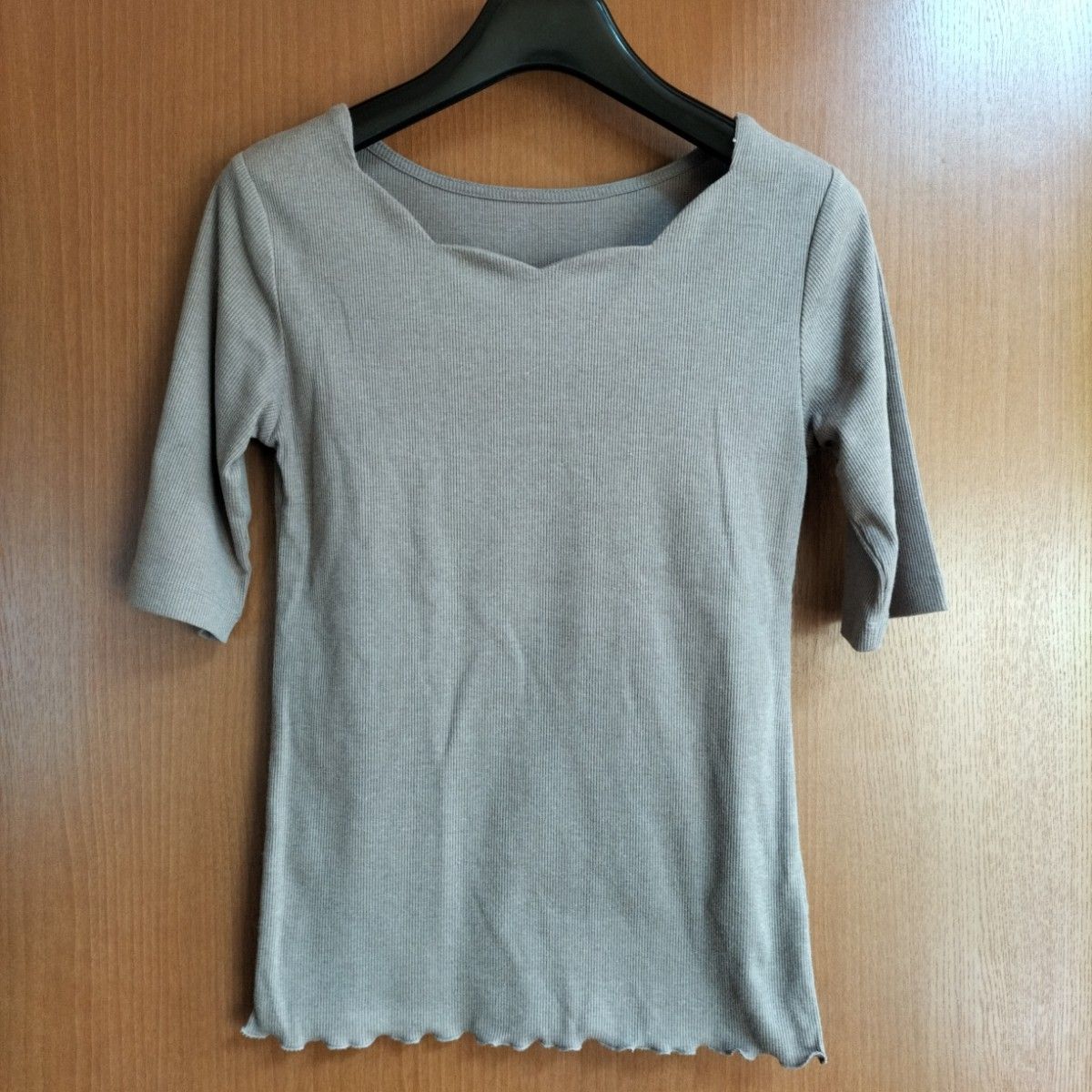 スクエアネック リブTシャツ カットソー 七分袖 ベージュ系