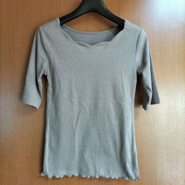 スクエアネック リブTシャツ カットソー 七分袖 ベージュ系