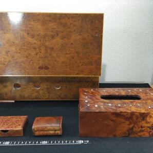 ■送料無料!■まとめて■瘤材・工芸品■螺鈿細工・ティッシュケース■名刺入れ■小物・楊枝入れ■木箱■収納■保管箱■木製■4点セット!