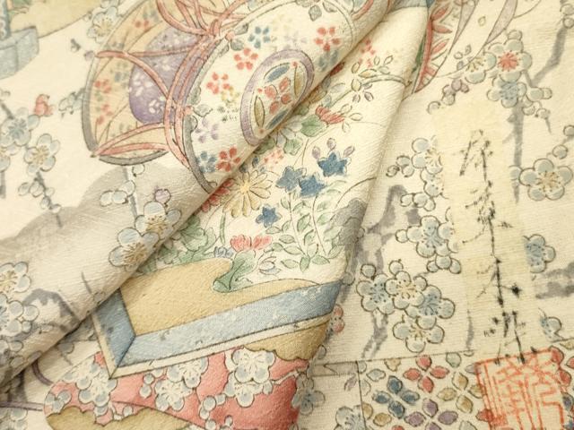 正絹　小紋　作家物 小紋 着物 リサイクル 正絹 袷 手染め 濃グレー 変わり格子 カジュアル