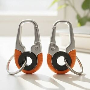 【送料無料・二個セット】超多機能 カラビナキーホルダー★オレンジ×シルバー★ ファッション・釣り・キャンプ アクセントに!