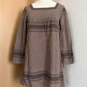 ☆【カリネ】カットソー チュニック 8分袖丈 ブラウン 麻混 スクエアネック 刺繍 レディース☆