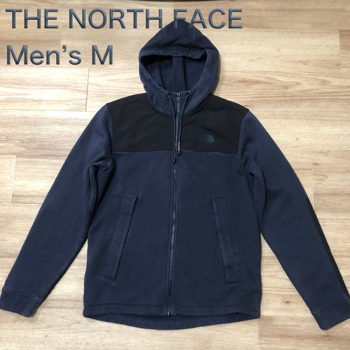 【送料無料】やや使用感ありTHE NORTH FACEナイロン切り返しスウェットジップアップパーカー黒ネイビー系 メンズMサイズ ザノースフェイス