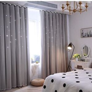 訳あり 二重カーテン レース付き 透かし彫り星 グレー 100x130 2枚 ドレープカーテン 遮光 可愛い 激安