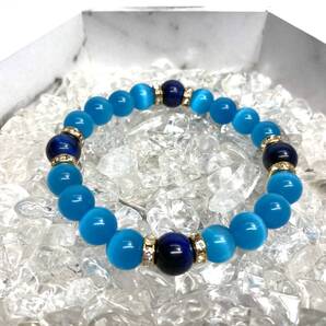 キャッツアイ(ライトブルー)×ブルータイガーアイ パワーストーン ブレスレット(ゴールド) 10mm 数珠ブレス メンズ・レディース 男性