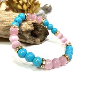 ターコイズ&キャッツアイ(ピンク)パワーストーン ブレスレット(ゴールド)メンズ レディース 男性 女性 開運 数珠 お守り