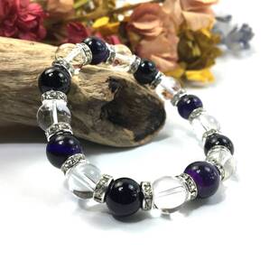 パープルタイガーアイ×水晶×オニキス パワーストーン ブレスレット 天然石ブレス (ロンデル: シルバー) 10mm メンズ・レディース