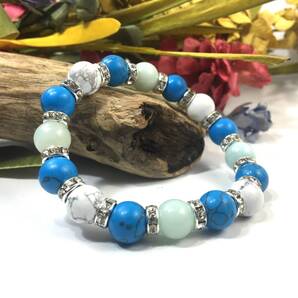 アマゾナイト×ハウライト×ターコイズ パワーストーン ブレスレット (ロンデル: シルバー) 10mm メンズ・レディース