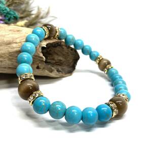 ターコイズ&キャッツアイ(ブラウン)パワーストーン ブレスレット(ゴールド)メンズ レディース 男性 女性 開運 数珠 お守り