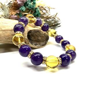 シトリン&アメジスト パワーストーン ブレスレット 天然石ブレス (ゴールド) 12mm 金運 仕事運 メンズ・レディース 男性 女性
