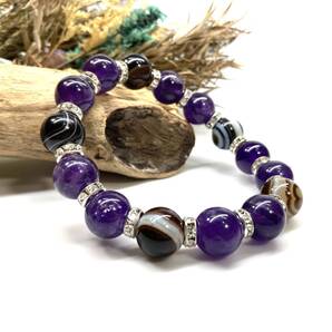 チベットアゲート(天眼石)&アメジスト パワーストーン ブレスレット 天然石 (シルバー) 12mm メンズ・レディース 男性 女性