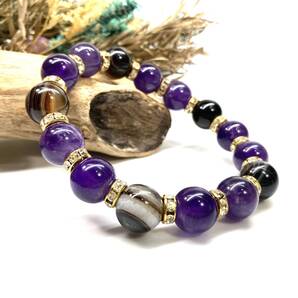 チベットアゲート(天眼石)&アメジスト パワーストーン ブレスレット 天然石 (ゴールド) 12mm メンズ・レディース 男性 女性