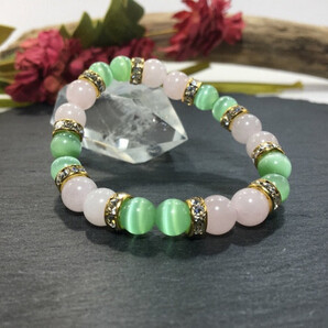 ローズクォーツ&キャッツアイ(ライトグリーン) パワーストーン ブレスレット(ゴールド)レディース 女性 数珠 プレゼント
