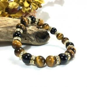 タイガーアイ×オニキス パワーストーン ブレスレット 天然石ブレス 10mm (ロンデル:ゴールド) メンズ・レディース 浄化済み