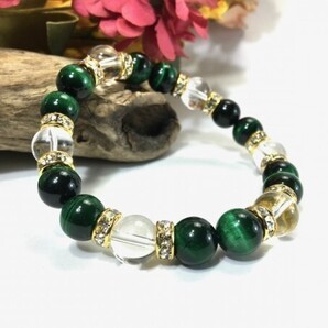 グリーンタイガーアイ×水晶 パワーストーン ブレスレット 天然石ブレス 10mm (ロンデル:ゴールド) メンズ・レディース 浄化済み