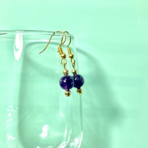 アメジスト ピアス 一粒フックピアス 8mm (ゴールド) イヤリング、樹脂フック変更可 樹脂ピアス シンプル パワーストーン 天然石