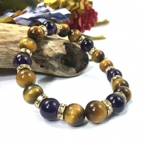 タイガーアイ×アメジスト パワーストーン ブレスレット 天然石ブレス (ゴールド) 10mm メンズ・レディース 金運 仕事運 願望成就