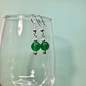 緑瑪瑙 ピアス 一粒フックピアス 8mm (シルバー) イヤリング、樹脂フック変更可 樹脂ピアス シンプル パワーストーン 天然石